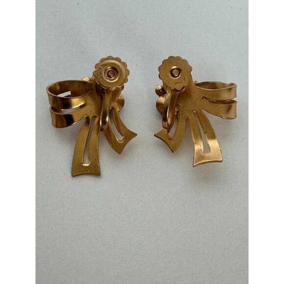 Coro Screw Back Earrings Vintage Bow Ribbon Colorful Rhinestones Goldtone 1 inch - Picture 6 of 10